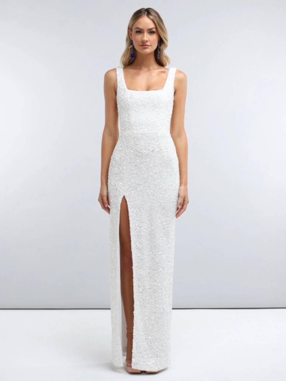 Elegant White Sequin Prom Gown with Front Slit